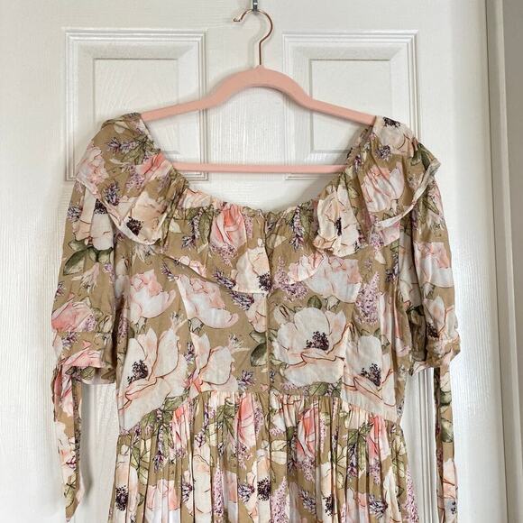 IVY CITY CO Tan Floral Mini Dress Ruffle Cottagecore Boho Fairy Size Large - Picture 7 of 7
